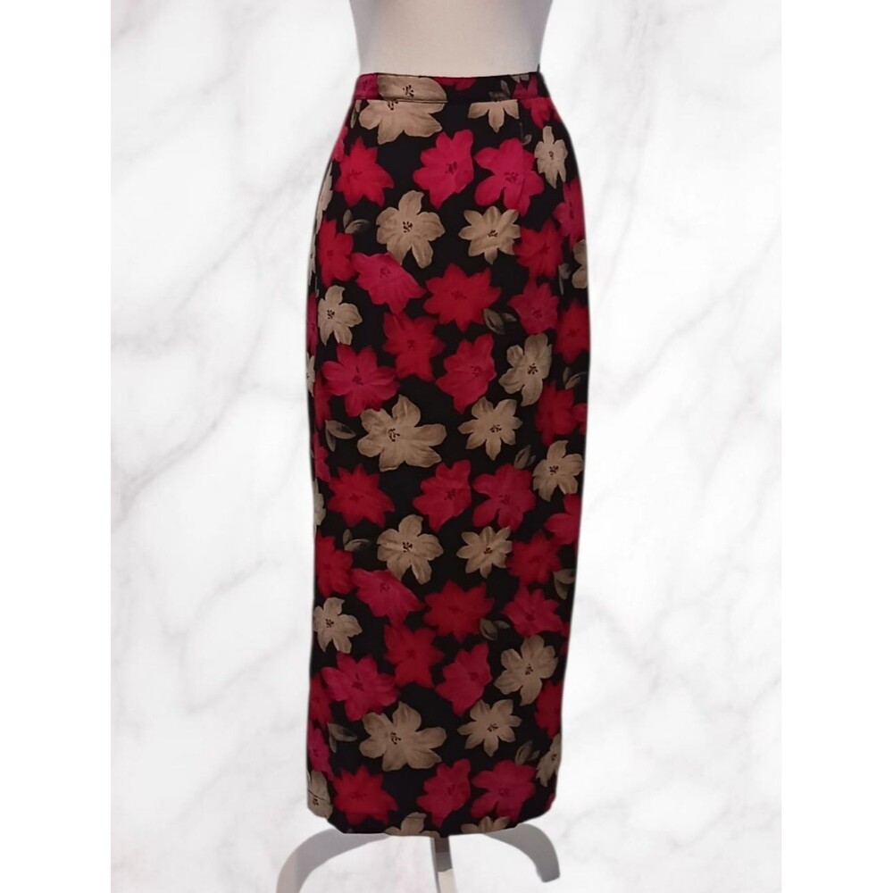 Pencil Maxi Skirt Red Beige Floral  Elastic Waist Side Slit Briggs Women's M.